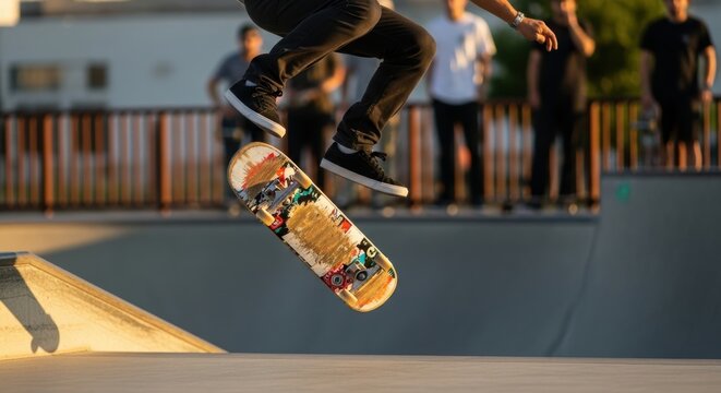 Mid-air skateboard trick by young male skateboarder at urban skatepark