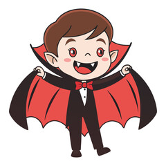 Cute Boy in Vampire Costume with Red Cape Halloween Vector Illustration