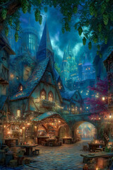 Fototapeta premium Mystical village scene with enchanting architecture and a night sky.
