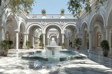 Obraz premium Stunning marble courtyard with elegant fountain and lush greenery, perfect for luxury lifestyle and architectural design projects
