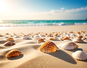 Obraz premium Seashells on a sandy beach at sunrise