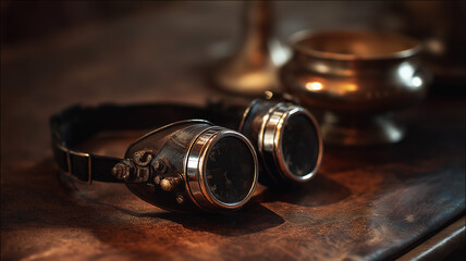 Steampunk goggles on leather surface, brass and glass shining, moody atmosphere, fine art photo style
