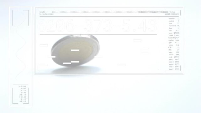 Coin entering scanning field and tilting onto edge while HUD panels updating flip count and angle