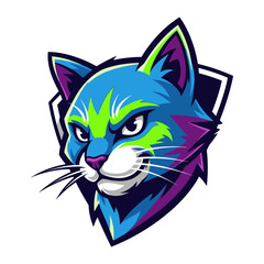 Fierce feline emblem: A vividly colored illustration of a fierce cat, adorned with a shield, exuding boldness and determination. A striking design, it's a perfect emblem for any venture. 