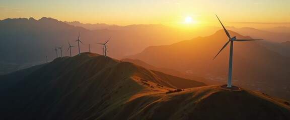 Golden sunset illuminating a row of wind turbines along a mountain ridge, symbolizing renewable energy and a sustainable future.