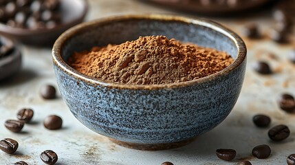 Close up photo of ground cocoa powder in a blue ceramic bowl with coffee beans.
