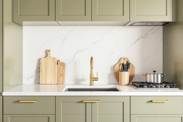 Modern kitchen interior with olive green cabinets, marble backsplash, gold faucet, and minimalist utensils arrangement on white countertop. Ai generative. Ai generative