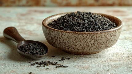 Close up photo of loose leaf black tea inside a bowl and a wooden spoon.