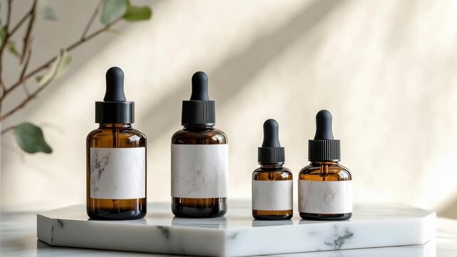 A collection of small bottles with black lids sit on a marble countertop. The bottles are of different sizes and are arranged in a row. Concept of organization and order