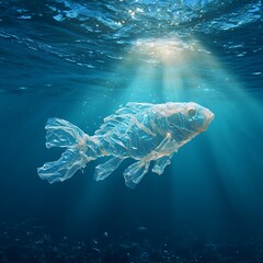 Fish Fashioned from a Plastic Bag Floating in the Ocean, Representing the Environmental Impact of Plastic Pollution