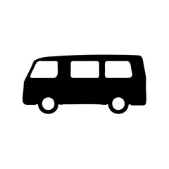 Silhouette of a vintage minivan against a white background, simple and clean