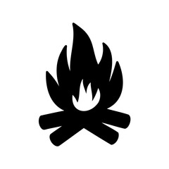 Stylized black and white bonfire illustration with simple firewood log arrangement