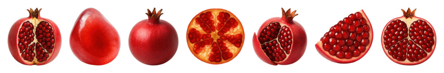 Fototapeta premium Vibrant pomegranate set including whole, halved, and quartered pieces, showing arils, isolated. Healthy food and fruit collection.