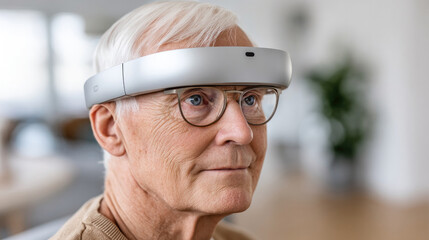 Elderly individual engaging with neural vr band technology for memory enhancement and cognitive experience