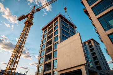 construction of multi-storey building with crane against blue sky, crane lifts slab