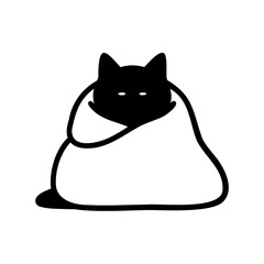 Cartoon cat wrapped in a blanket, simplified black and white illustration
