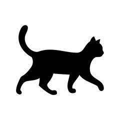 Silhouette of a black cat walking elegantly across a white background