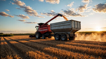 Fototapeta premium combine harvesting wheat at sunset, agro-industry and farming concept