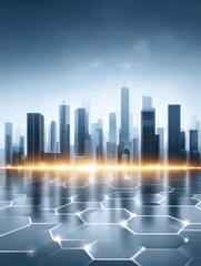 Fototapeta premium Futuristic cityscape concept with half real half virtual elements and glowing design for urban innovation visualization