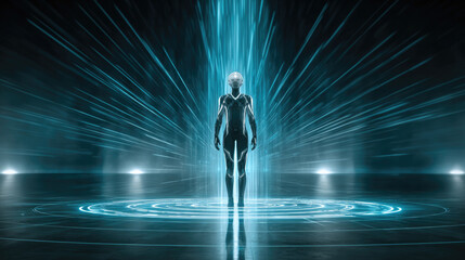 Futuristic gamer in dark room surrounded by neon holograms, immersive gaming experience concept