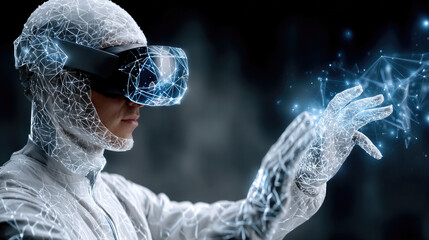 Futuristic gamer interacting with neon holograms in dark room, immersive virtual reality experience, high tech concept for digital entertainment and gaming environments