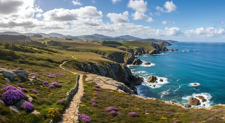 Scenic coastal pathway leading to cliffs and ocean with wildflowers under sky expanse