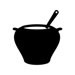 Black silhouette of a cooking pot with a ladle for stirring ingredients