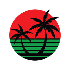 sunset with palm leaves silhouette in 80s style o