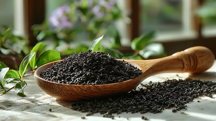 Close up photo of loose leaf black tea presented in a wooden spoon