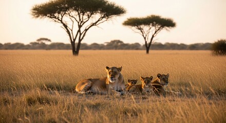 Naklejka premium Lioness with cubs in serengeti national park tanzania africa wildlife safari adventure travel landscape