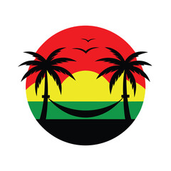 tropical beach with hammock under a retro sunset