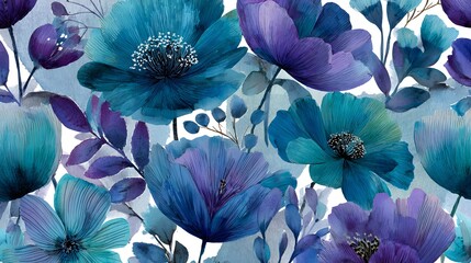 A vibrant floral design featuring large, textured blossoms in shades of turquoise and purple, set against a white background.