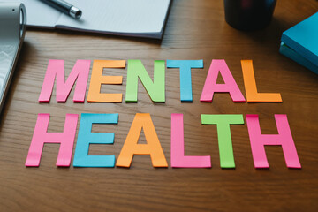 Text “Mental Health” arranged from colorful sticky notes on a wooden table, macro shot in sharp focus highlighting wellness and awareness.