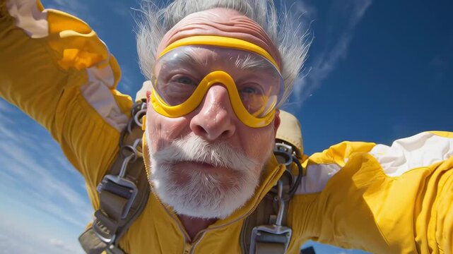 A man wearing a backpack and goggles is smiling as he jumps out of a plane. Concept of adventure and excitement, as the man is taking a daring leap into the sky