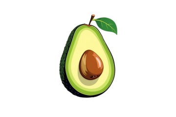 an avocado with a leaf, set in a white space, with a beautiful design, the rendering is of good quality, showing its great details, ready to be appreciated, no background.