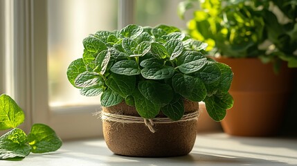 Close up photo of lush green peppermint plant growing inside a small decorated brown pot near a window.