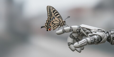 Machaon butterfly sitting on android robot's hand on silver metallic background with copy space. Concept of connected future between nature and technology.