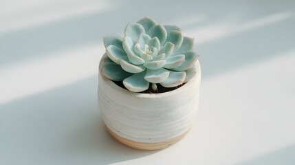 A light-green succulent plant sits in a simple, off-white ceramic pot against a bright, neutral background, showcasing the plant's delicate form and the pot's textured surface.