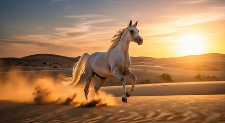 Majestic white horse running desert sand dunes sunset equine animal freedom nature landscape travel photography