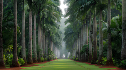 Naklejka premium Road in the park. Botanical garden avenue lined with tall palm trees. Serene rain forest flower garden palm trees landscape. Grand estate iconic palm Avenue. Palmwald, palm grove garden road path