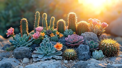 Fototapeta premium Stunning photo of various colorful succulents and cactus plants in a beautiful outdoor garden scene