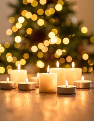 Warm candles on a wooden surface, Christmas lights bokeh