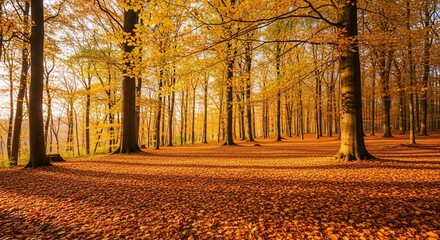 Fototapeta premium Autumn forest golden foliage fall season landscape scenic woodland trees nature outdoor park yellow leaves