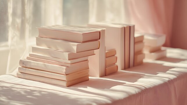 A soft-toned, daylight-filled image showcases stacks of light pink books arranged on a light beige surface near a window.