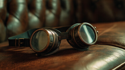 Steampunk goggles on leather surface, brass and glass shining, moody atmosphere, fine art photo style
