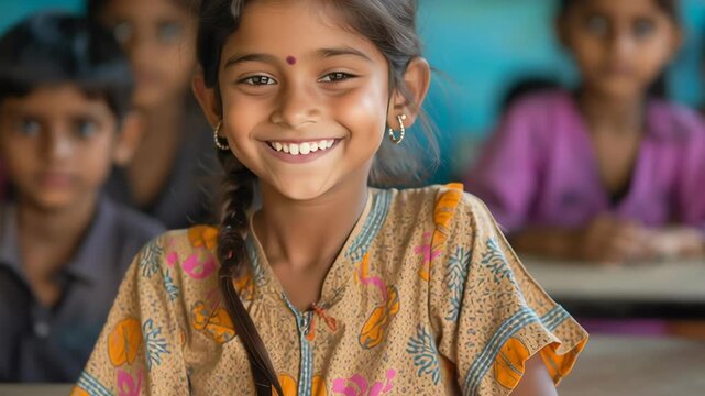 A young girl with a smile on her face is sitting in a classroom with other children. The girl is wearing a colorful dress and has her hair in a braid. Concept of happiness and warmth