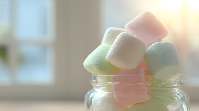 A close-up view of colorful marshmallows in a glass jar, bathed in soft, pastel hues, creating a delightful and sweet visual.