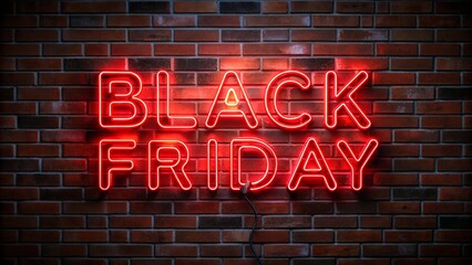 Obraz premium Red Neon Black Friday Sign on a Dark Brick Wall Background