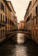 Naklejka premium a tranquil canal scene in an italian city, featuring charming buildings lining the waterway, with a quaint arch bridge connecting the banks.