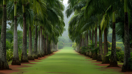 Road in the park. Botanical garden avenue lined with tall palm trees. Serene rain forest flower garden palm trees landscape. Grand estate iconic palm Avenue. Palmwald, palm grove garden road path
